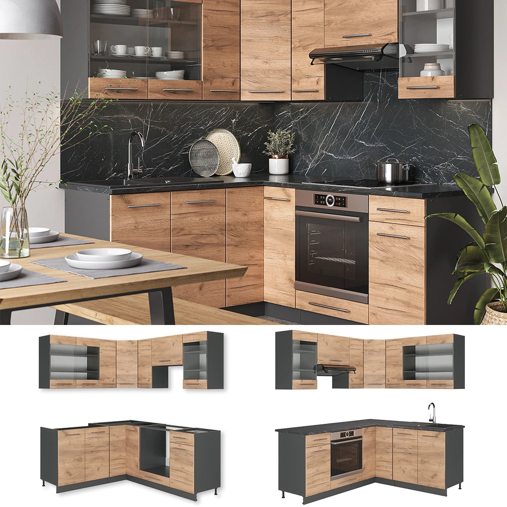 Cucina angolare completa Fame-Line Rovere dorato/Antracite 190 x 60 cm, PL Marmo Vicco