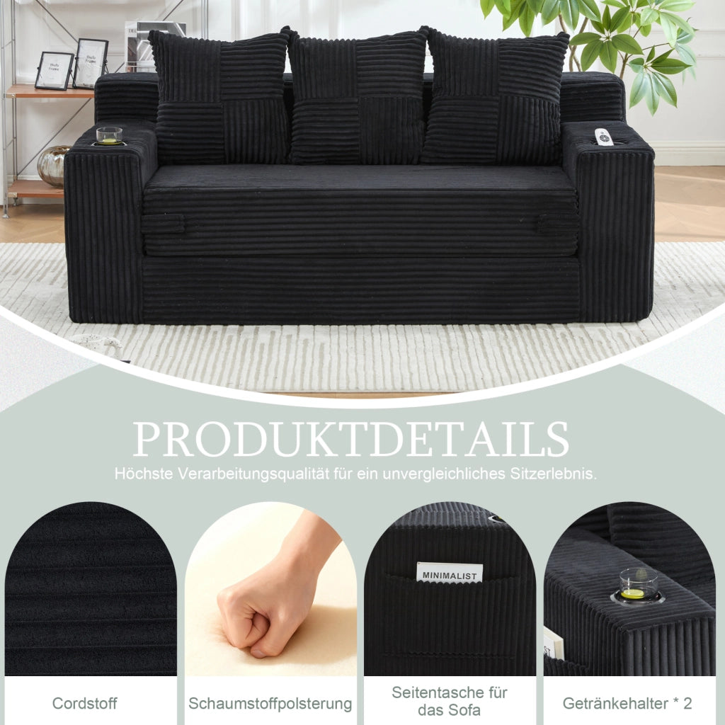 DIVANO Modulare 2 Posti 172x87x64 cm Velluto a Coste Nero