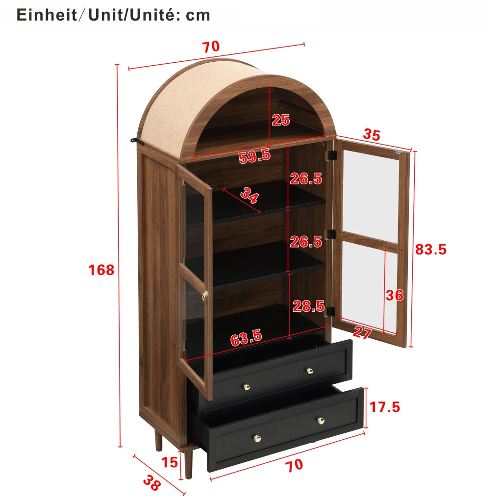 OKWISH Credenza Contenitore con Ripiani Regolabili e Anta in Vetro Rigato, Stile Retrò Moderno, MDF, Noce