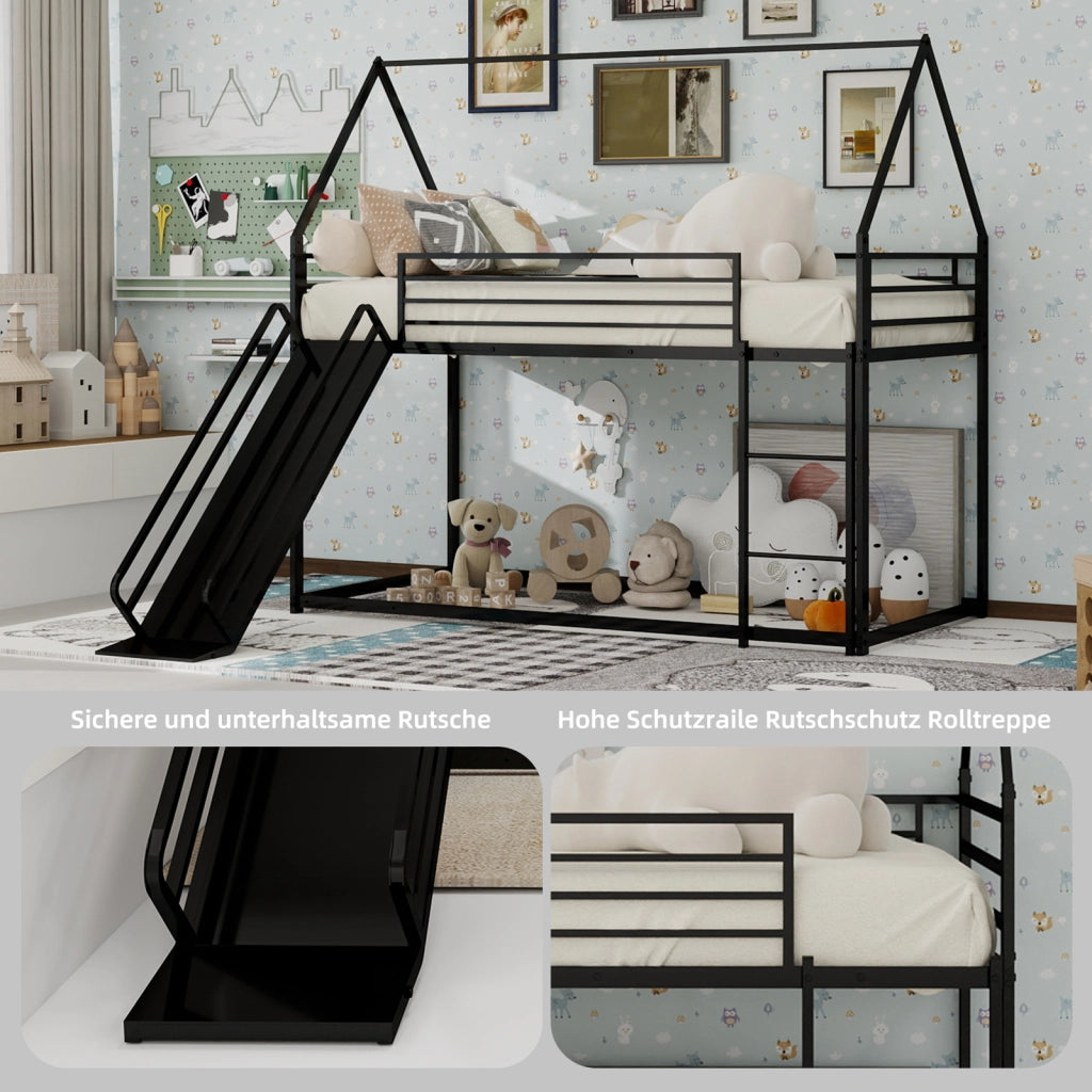 Letto a castello per bambini 90 × 190 cm con scivolo e scale, senza materasso, in ferro, nero