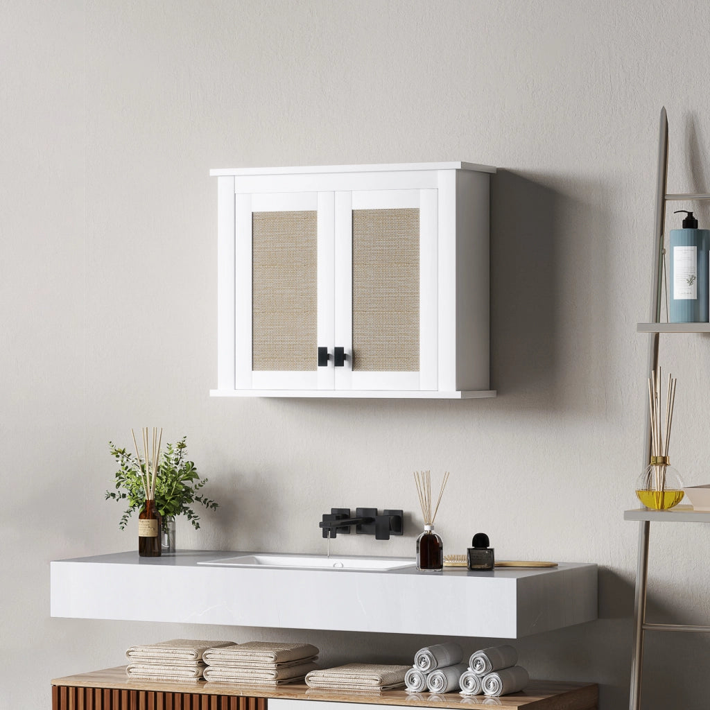 Armadietto Bagno Sospeso con 2 Ante in Rattan ¨C zephmum ¨C 60x19.5x49.4 cm Bianco