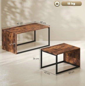 Set di 2 tavolini da caffè marrone rustico e nero in MDF e metallo