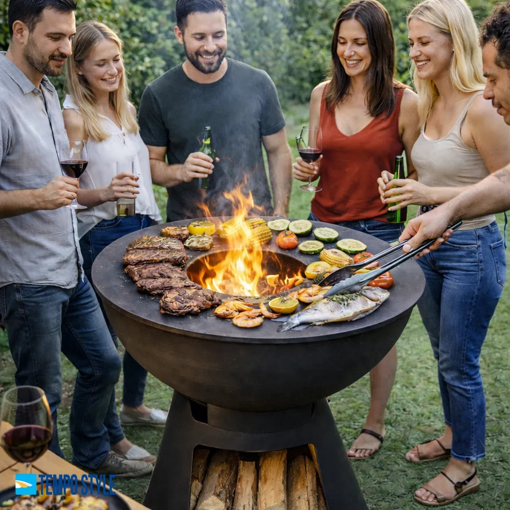 Tempo Style – Barbecue a Legna e Carbone Yucatán Antracite | BBQ in Acciaio Corten da Esterno con ruote e Griglia di cottura in Acciaio Inox 316