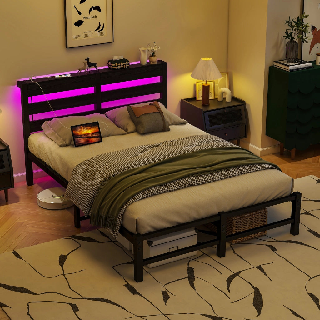 Letto singolo 120 × 200 cm con LED RGB, 2 porte USB, ripiano e spazio sotto il letto, senza materasso, nero