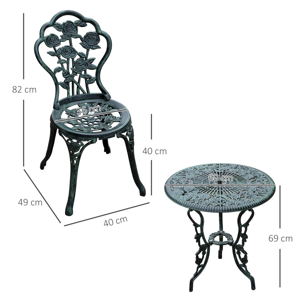 Set bistrot da 3 pezzi per esterno in stile anticato, verde, in alluminio pressofuso