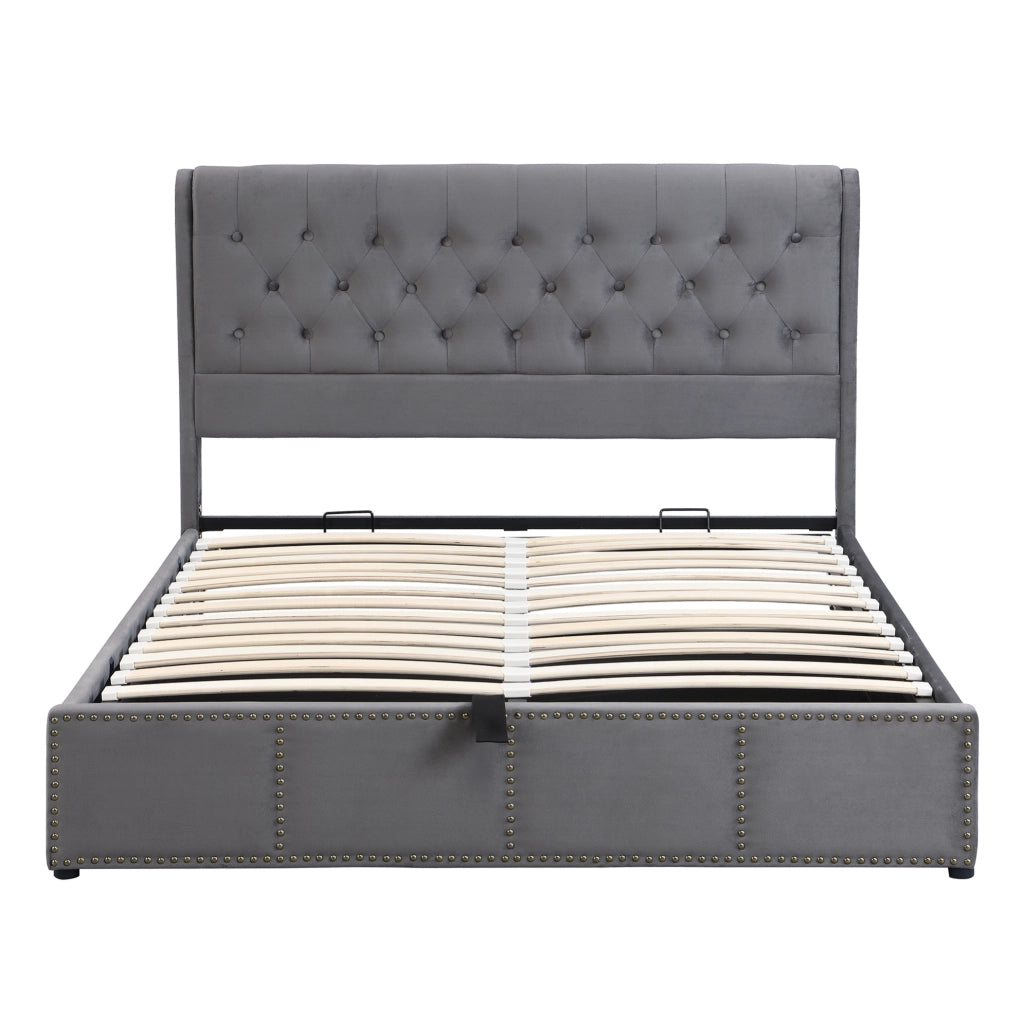 Letto imbottito 140x200 cm in velluto grigio con contenitore
