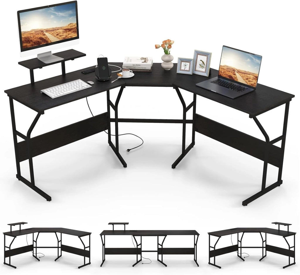 Scrivania ad Angolo a Forma di L con Presa Elettrica, Scrivania Angolare per Computer con Supporto Monitor Movibile, 225cm Postazione da Lavoro per 2 Persone per Lavoro e Gioco (Marrone)