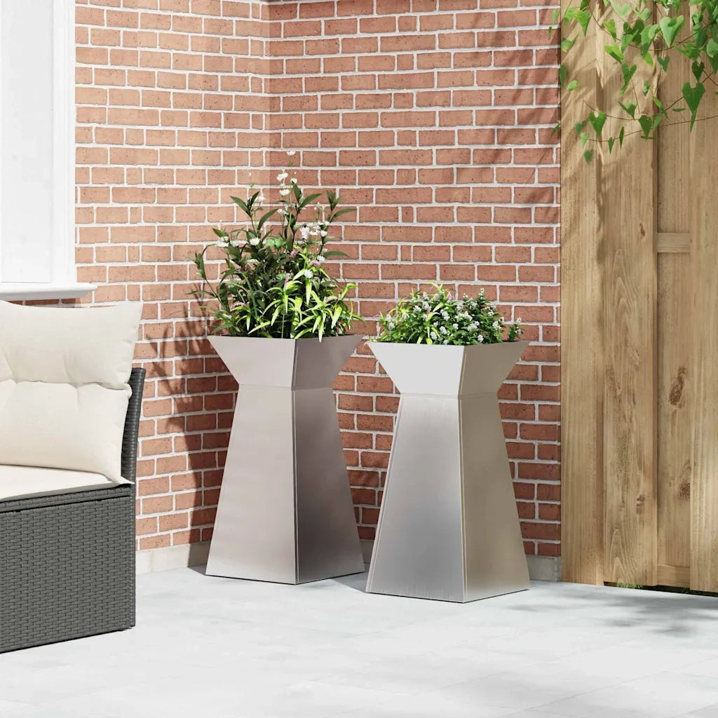 2 pz Fioriere | Cassetta per fiori | Vaso a Pilastro Argento 35 x 35 x 73 cm