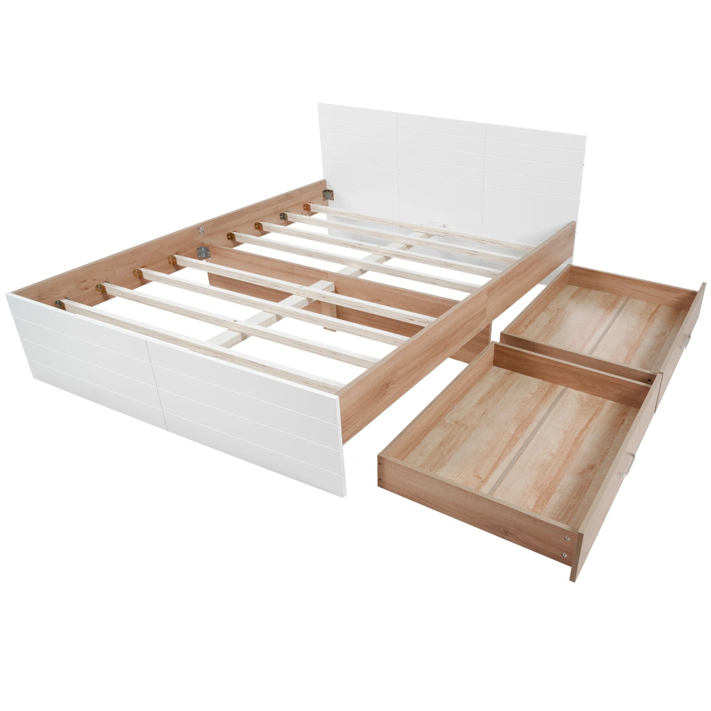 OKWISH Letto con Cassetti 180×200 cm, Letto Matrimoniale con 2 Cassetti, Ampio Spazio sotto Letto e Testiera, senza Materasso, Bianco Rovere