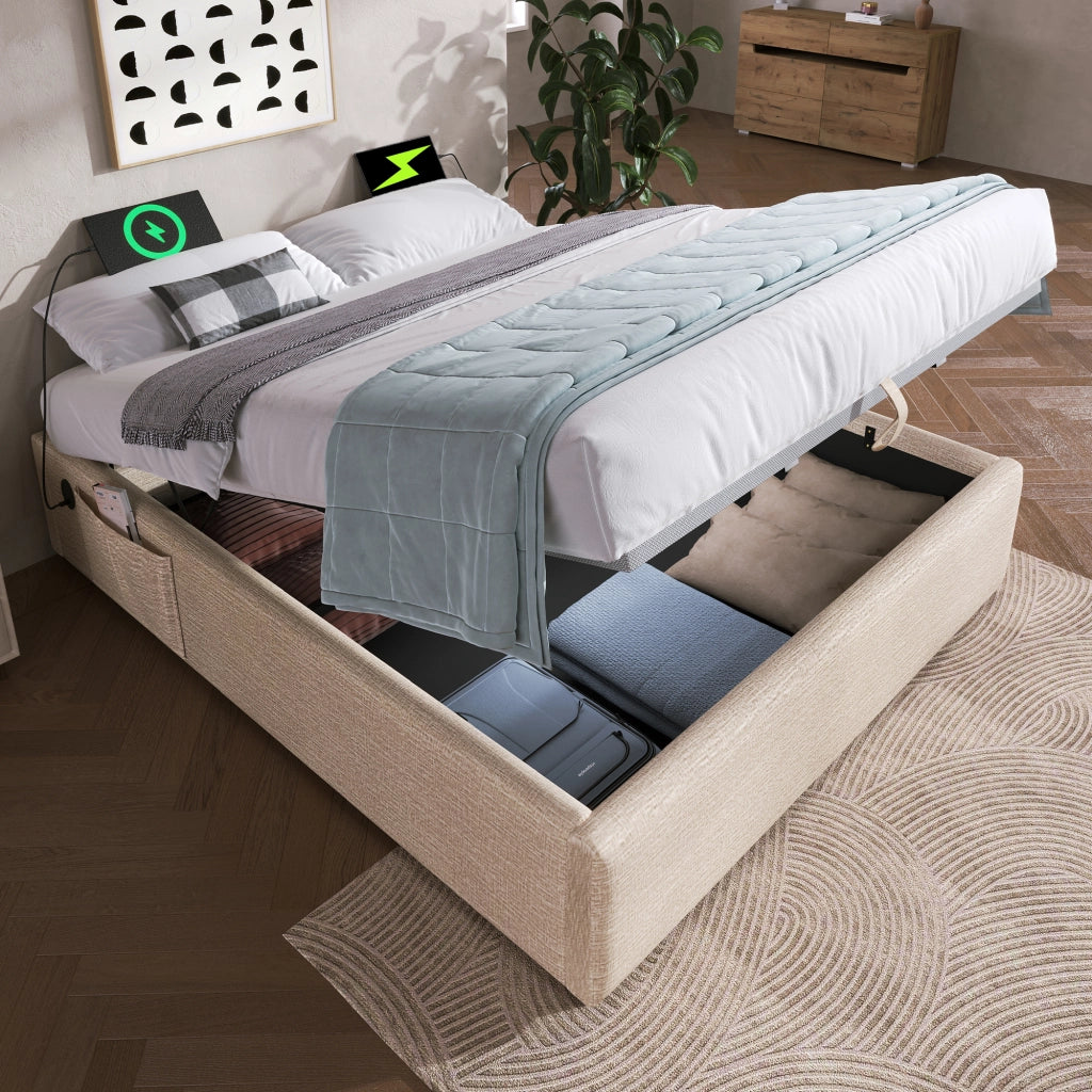 OKWISH Letto contenitore 140×200 cm, Letto Matrimoniale con USB, Tipo C e Vano Contenitore, senza Materasso, in Lino, Beige Naturale