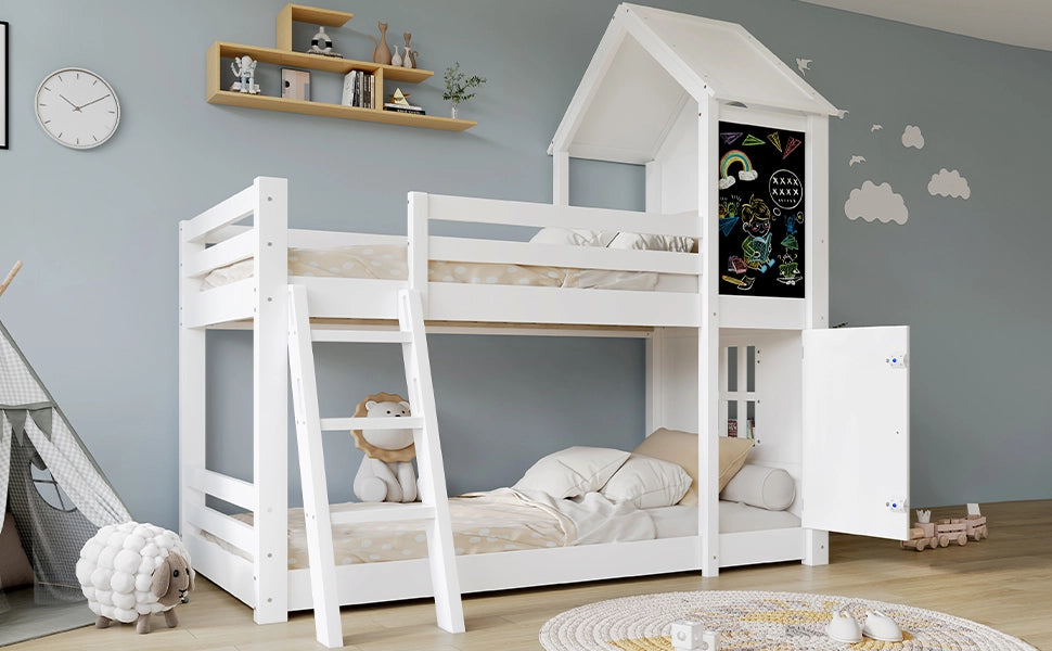 Letto a castello con porta e lavagna in legno massiccio e MDF 90x200 cm