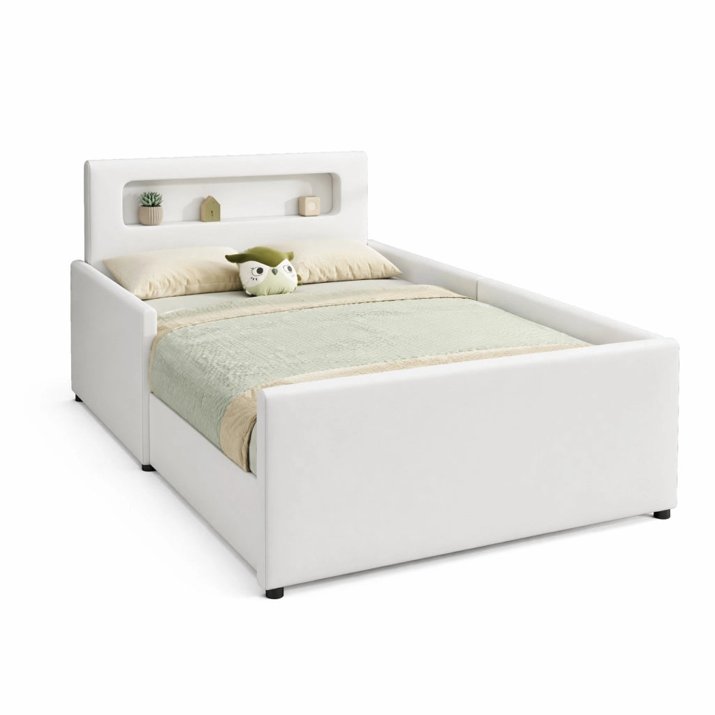 Letto imbottito bambini 90x200 cm bianco similpelle con USB e luce notturna