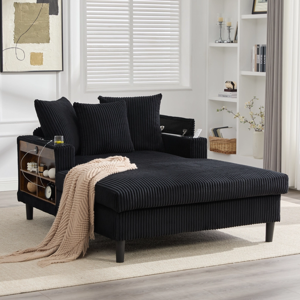 Chaiselongue multifunzione in velluto a coste con porta bicchieri, LED, USB e vano contenitore