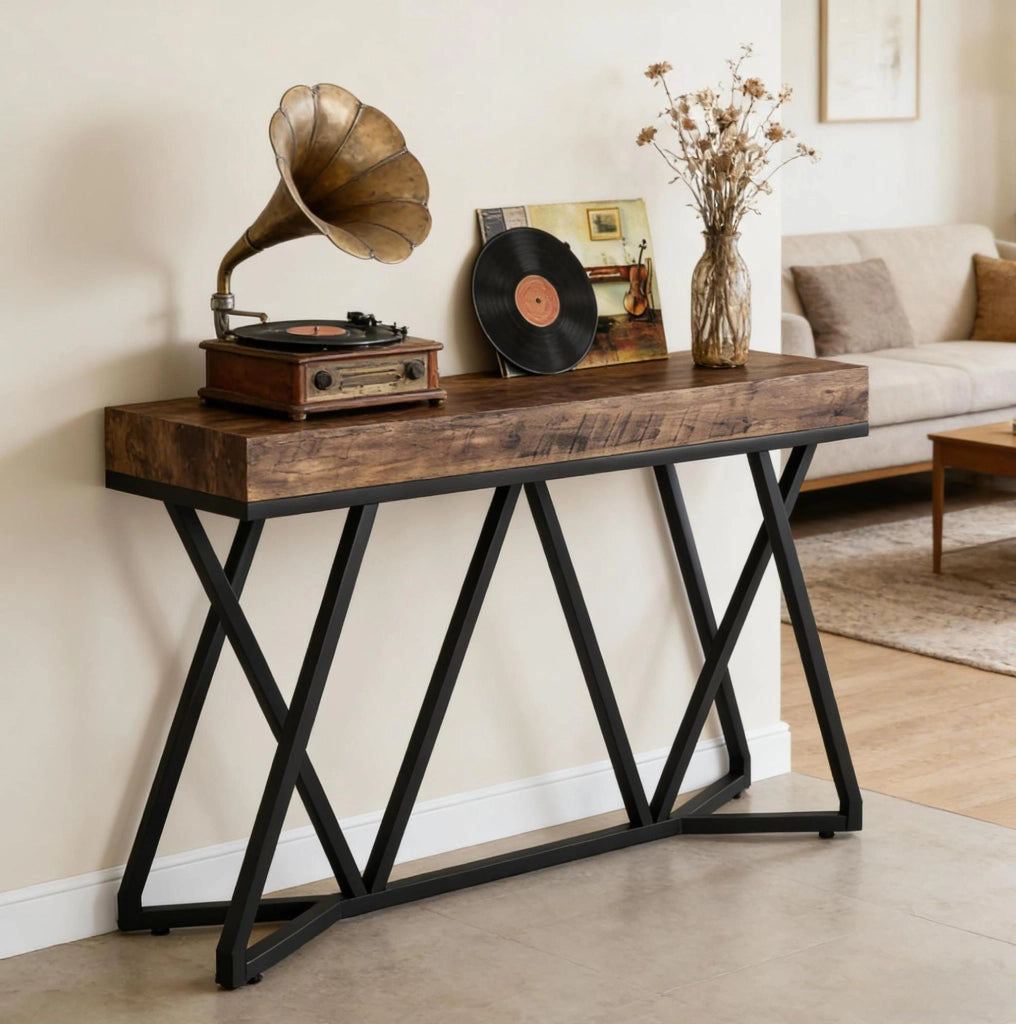 Tavolo consolle 140 x 30 cm in MDF e metallo nero/marrone rustico