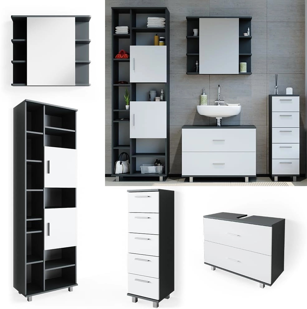 Set mobili bagno Ilias, Bianco/antracite, 80.2 cm, composto da mobile lavabo, pensile a specchio, colonna e base media