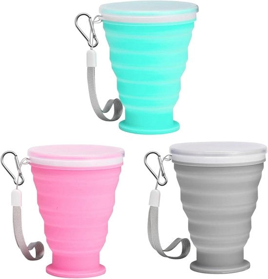 Set di 3 Bicchieri Ripiegabili a Silicone con Coperchio | Bicchieri Portatili con Coperchio | Bicchieri Ripiegabili Reutilizzabili, Ideali per Picnic, Campeggio, Escursioni all'Aperto