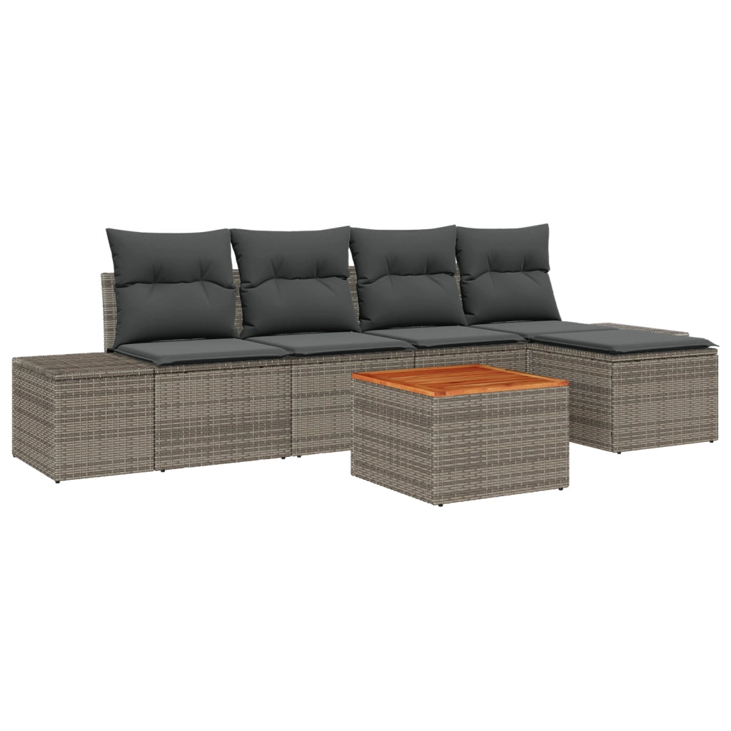 Set di Divano da Giardino con Cuscini Grigio Poly Rattan Acacia 6 Pezzi