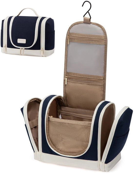 Toilette appesa, grande toilette per viaggiatrice, borsa cosmetica appesa, set con 10 compartimenti per uso quotidiano o viaggio - blu mare/beige