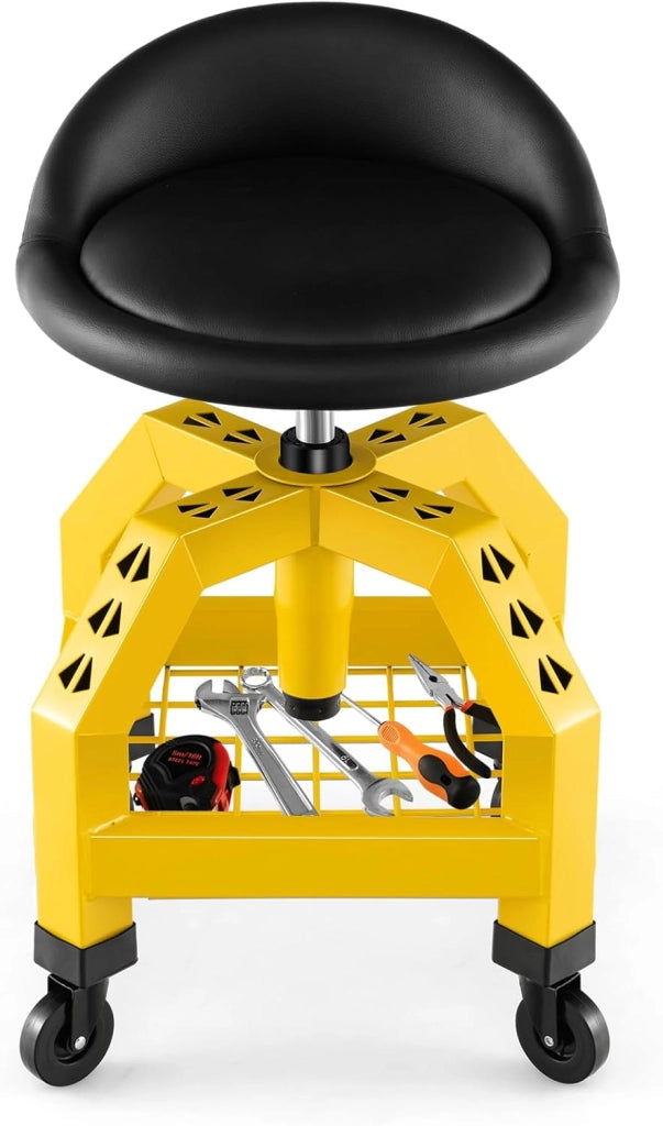Sgabello da Officina, Sgabello Meccanico Rotante con Vassoio Porta Attrezzi, Regolabile in Altezza e 4 Ruote Universali, Capacità di 150 kg, per Garage, Officina (Giallo)