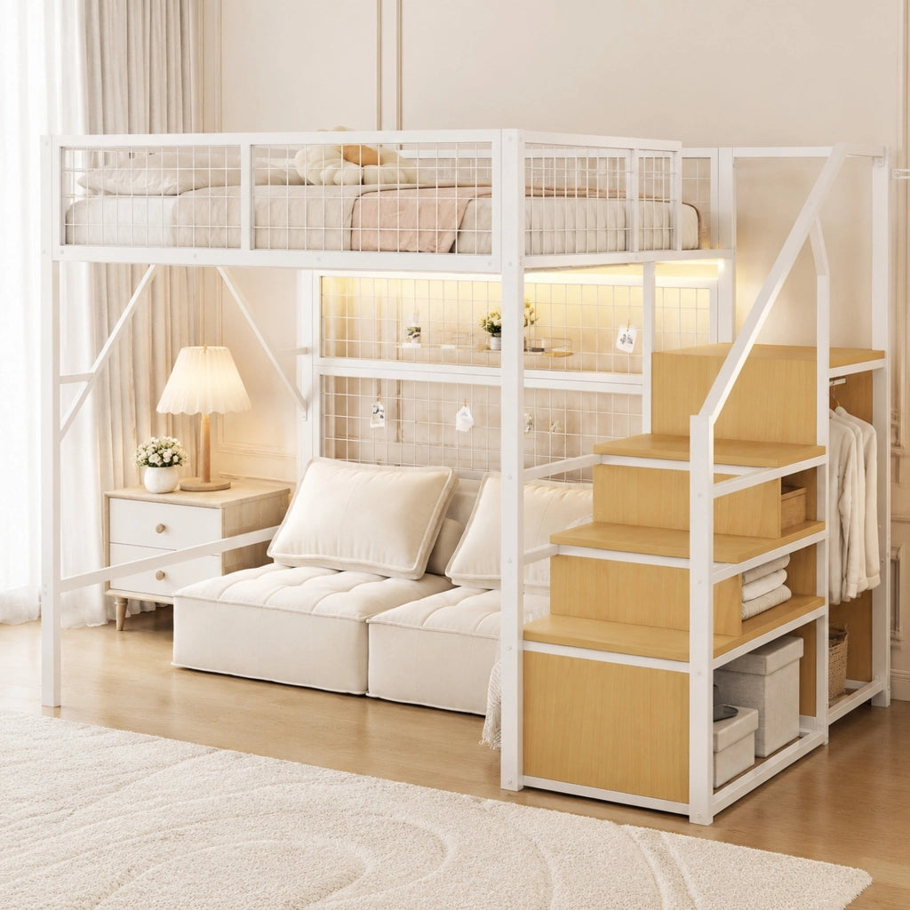 Letto a soppalco in metallo 140x200 cm con scala, vani contenitore e LED, Bianco/Nero
