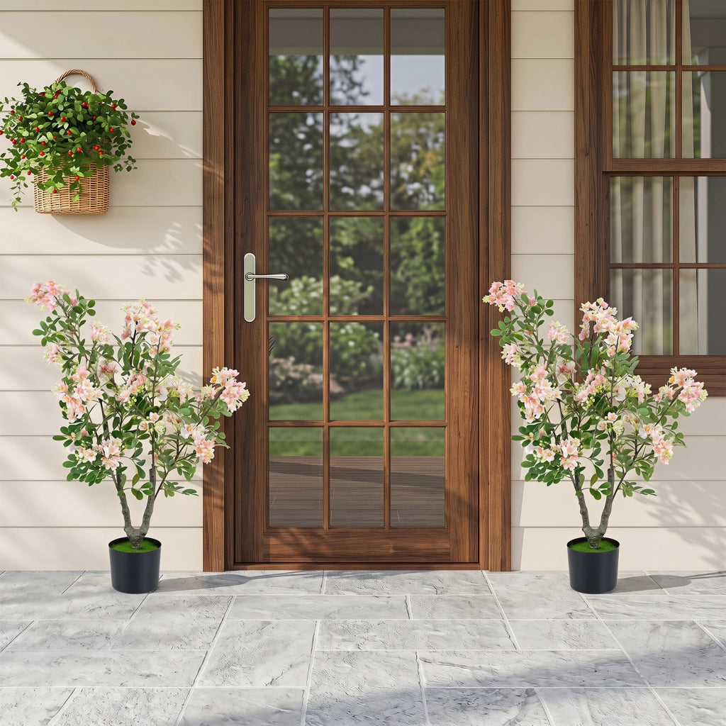 Albero artificiale fiori impatiens seta 90 cm multiramo vaso cemento, Pianta finta interno esterno ufficio casa negozio 2 Pezzi