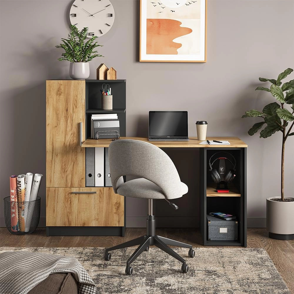 Mobiletto per PC Tomy, Antracite/quercia dorata, 28.5 x 50 cm 2 scomparti, con ruote e ripiano per accessori per computer