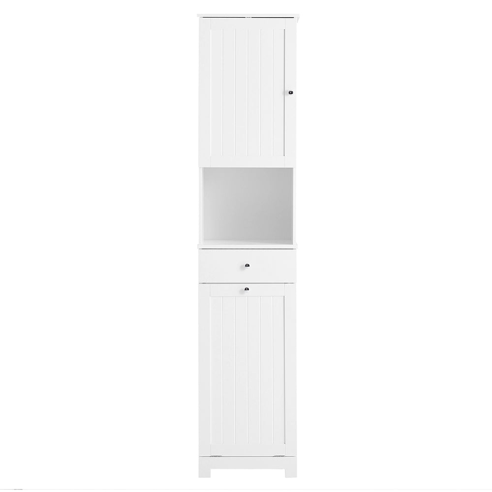 SoBuy Mobile Bagno Salvaspazio Alto con Cesto Portabiancheria 45L – Colonna Bagno Stretto 40x38x180cm con Cassetto in MDF, Ripiano Aperto e Anta Mobiletto per Lavanderia o WC BZR216-W