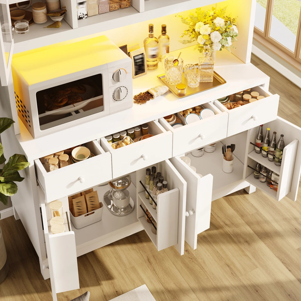 Credenza alta con ante vetrate; 4 cassetti; ripiani regolabili e LED RGB per cucina e soggiorno