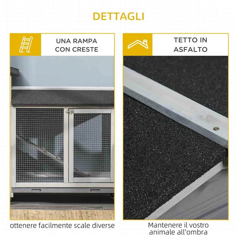 CONIGLIERA A 2 LIVELLI CON RETE PROTETTIVA E ROTELLE IN LEGNO E METALLO 157.4X53X99.5 CM GRIGIO