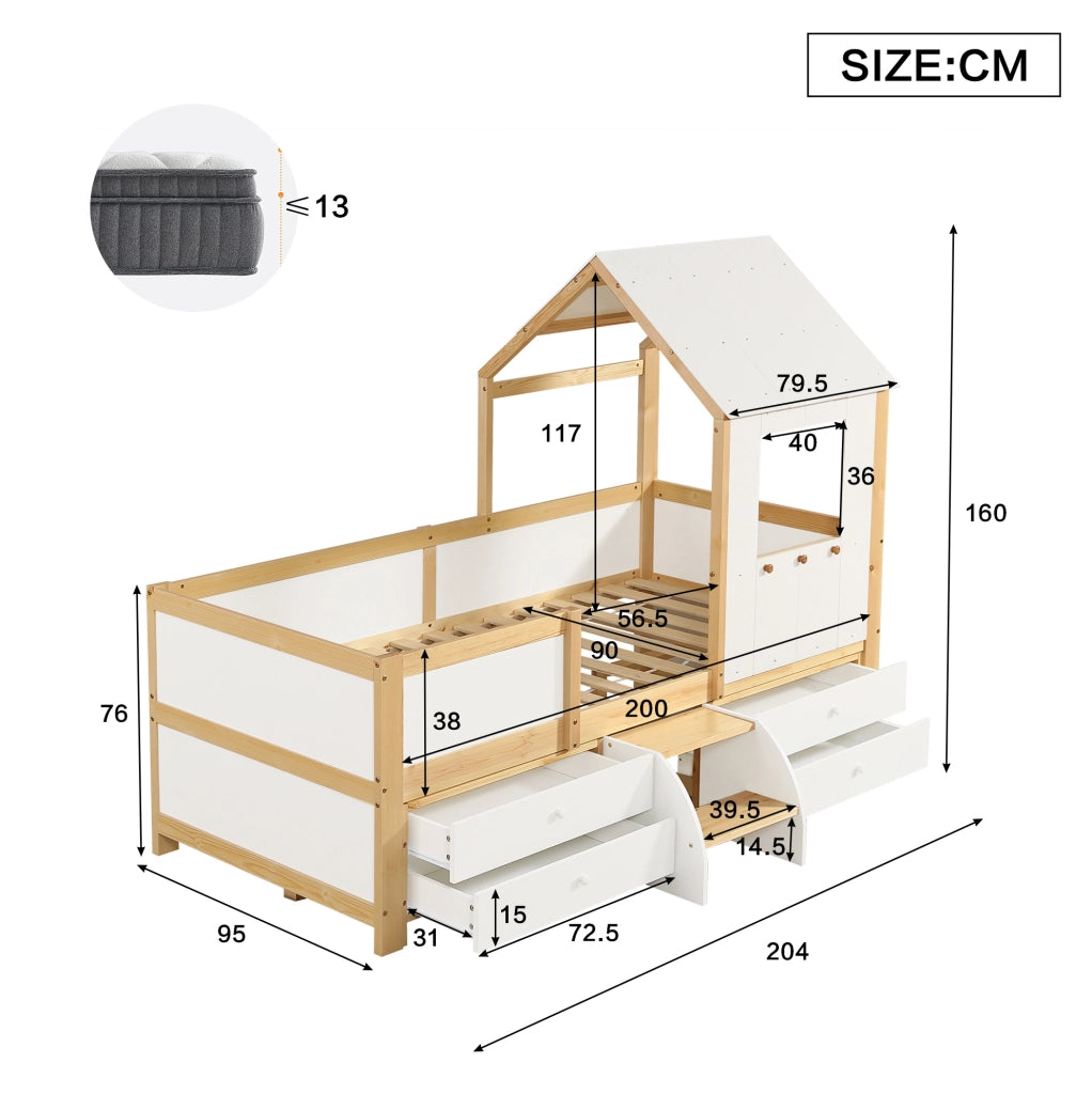 Letto per bambini a casetta semialto con 4 cassetti e scaletta 90x200 cm