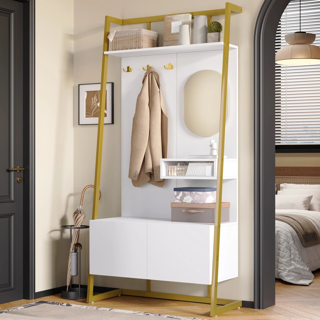Ensemble de meubles de salon armadio da ingresso con specchio, ganci e ripiani, in MDF bianco