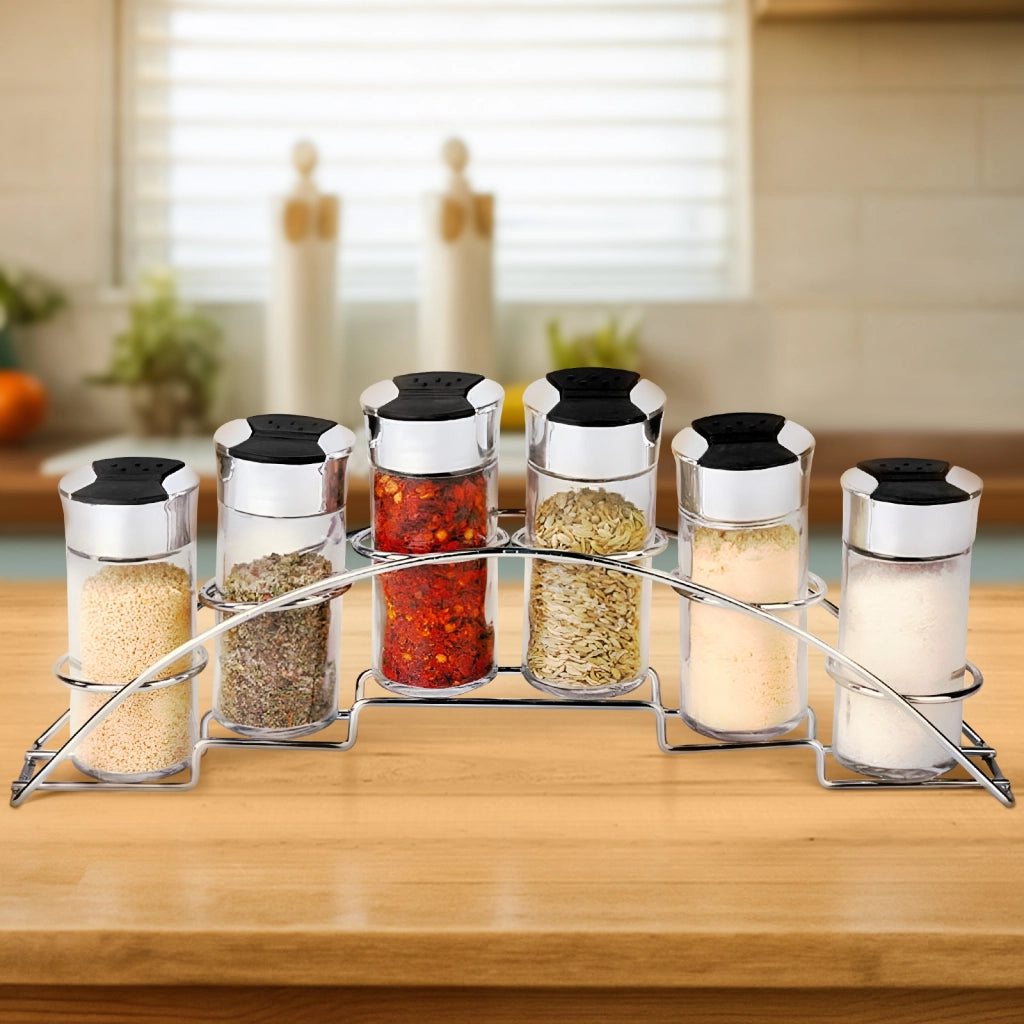 Set 6 Barattoli 90ml con Supporto Inox per Spezie Nero / Argento Cheffinger