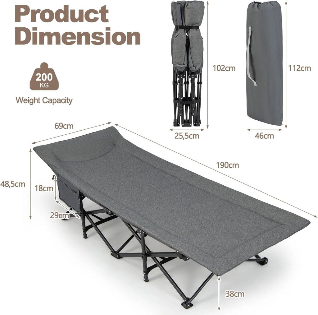 SOARS Lettino pieghevole da campeggio con cuscino integrato, letto pieghevole con tasca laterale e borsa per il trasporto, portata fino a 200 kg, per interni, esterni, 190 x 69 x 48,5 cm