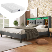 Letto matrimoniale imbottito 160x200 cm con testiera contenitore; LED; USB e prese; grigio