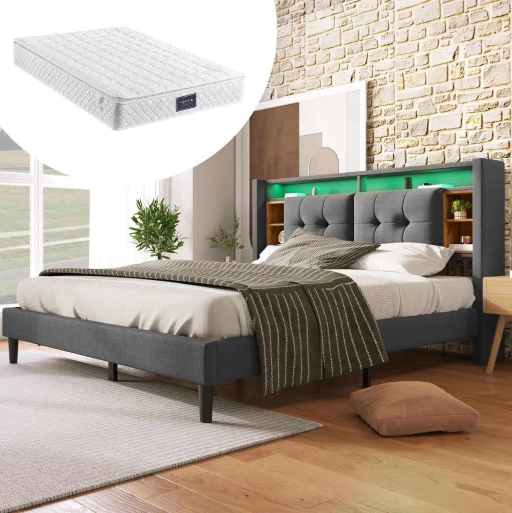 Letto matrimoniale imbottito 160x200 cm con testiera contenitore; LED; USB e prese; grigio