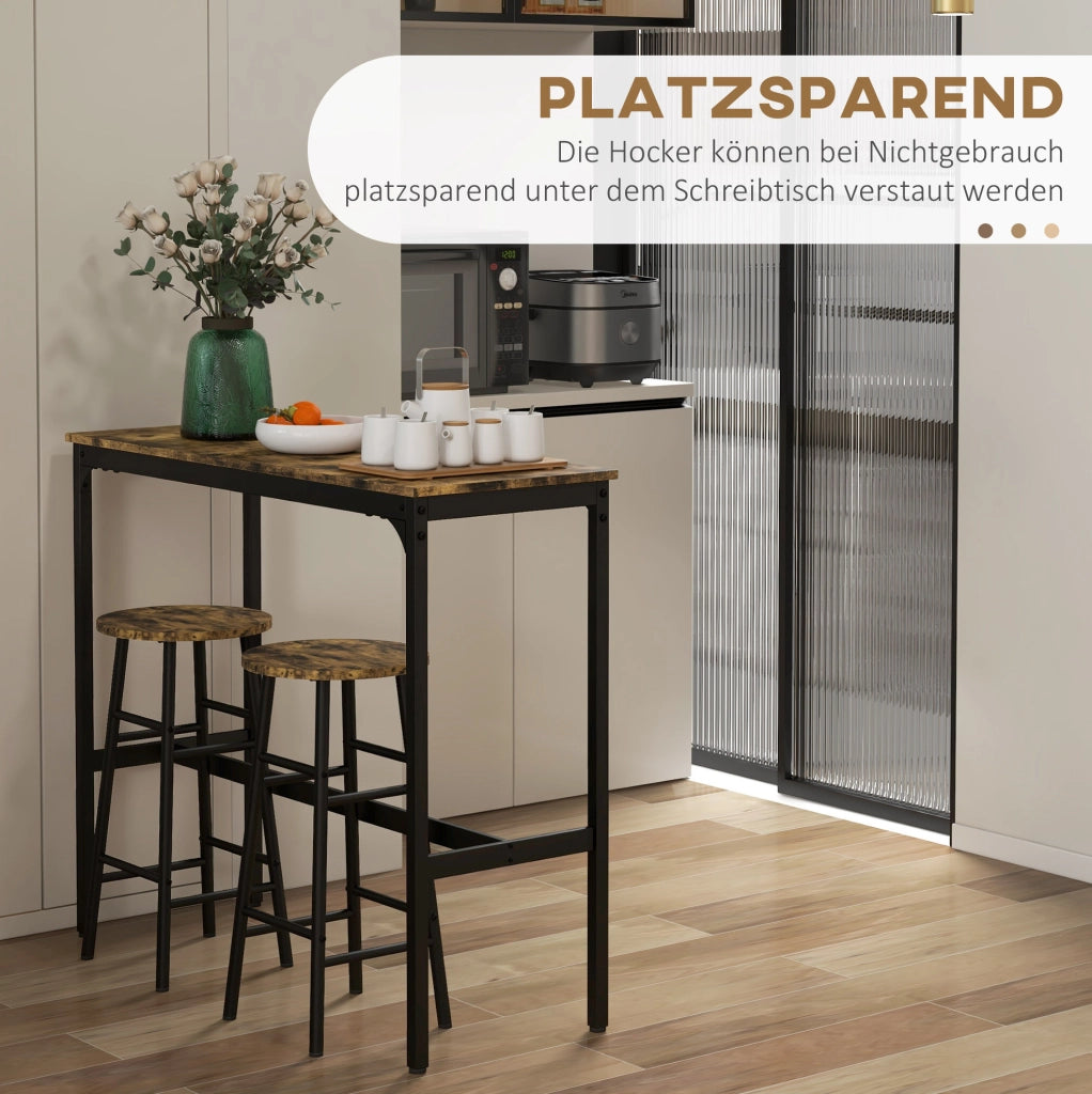 Set tavolo da bar ULEVR 3 pezzi con 2 sgabelli e poggiapiedi, 105x40x90 cm, MDF marrone e acciaio nero
