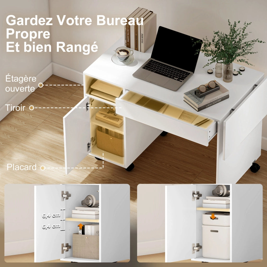 Scrivania Computer con Ruote ¨C Xylo ¨C Bianco con Cassetto e Anta 130x58 cm
