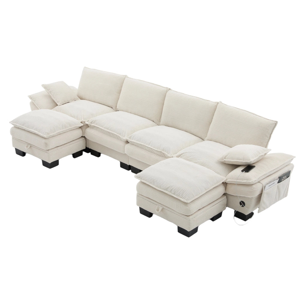 Divano modulare 4 posti ULEVR 330x132x84 cm con 2 pouf, porta USB-C e tasche laterali, beige