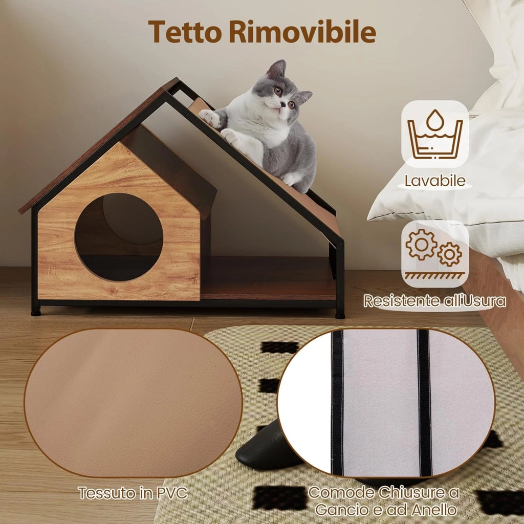 Casetta per Gatti da Interno, Cuccia per Gatti in Legno con Veranda, Tetto Inclinato Staccabile e Struttura in Metallo, Villa Industriale per Gattini, 84 x 43 x 58,5 cm