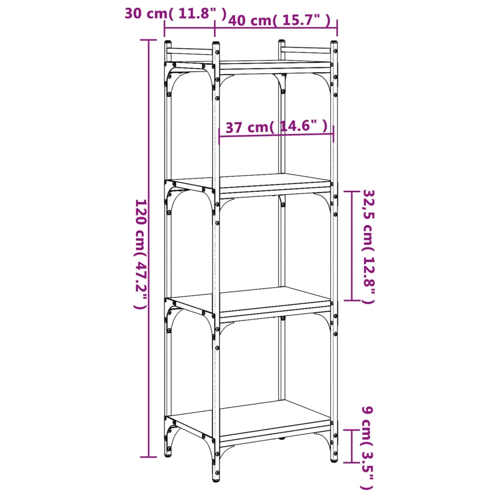 Libreria 4 Ripiani-Scaffale per Libri-Mobile di Stoccaggio Rovere Marrone 40x30x120cm Legno Multistrato