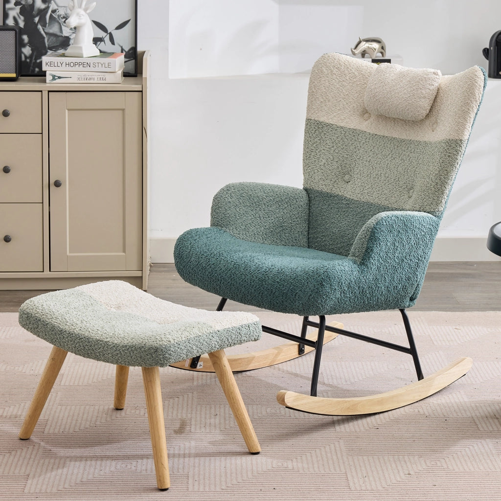 Poltrona a dondolo in bouclé con schienale alto, tasca laterale e struttura in metallo e legno multicolore 83 × 65,5 × 95 cm