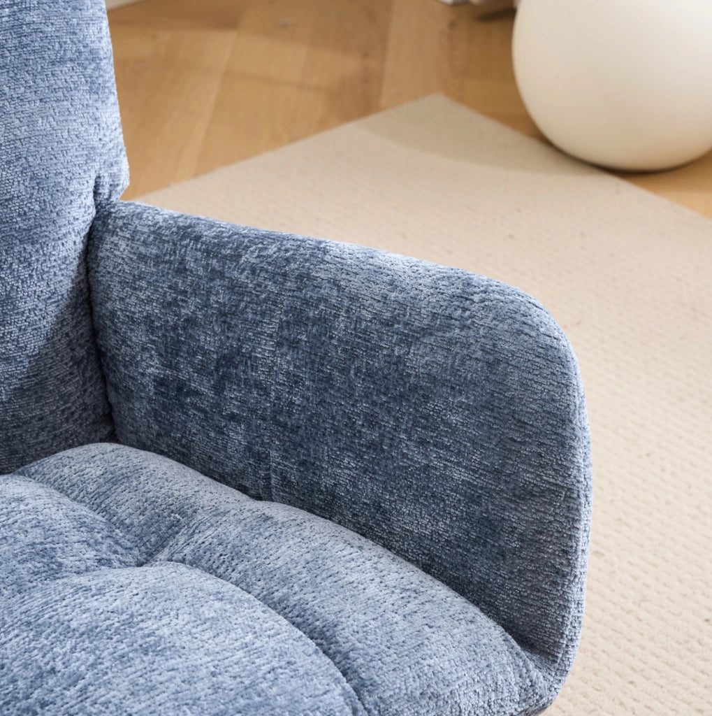 Sedia a dondolo blu in ciniglia con poggiapiedi e airbag