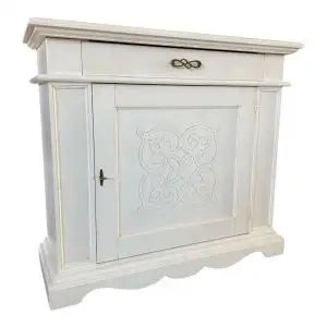 Credenza madia Alberta in legno 1 anta con rilievo 1 cassetto bianco anticato