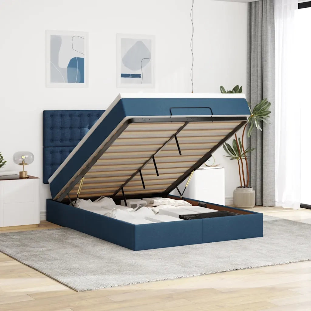 Struttura Letto Pouf con Materasso Blu 140x200cm in Tessuto 3313333