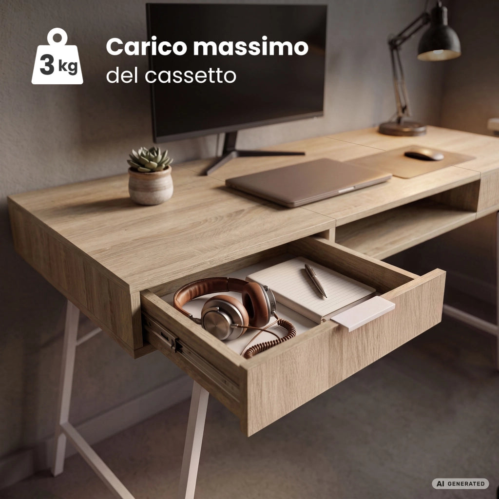 Scrivania industriale per computer Rovere Sonoma ARDEN 120 cm 2 cassetti 1 ripiano gambe bianche