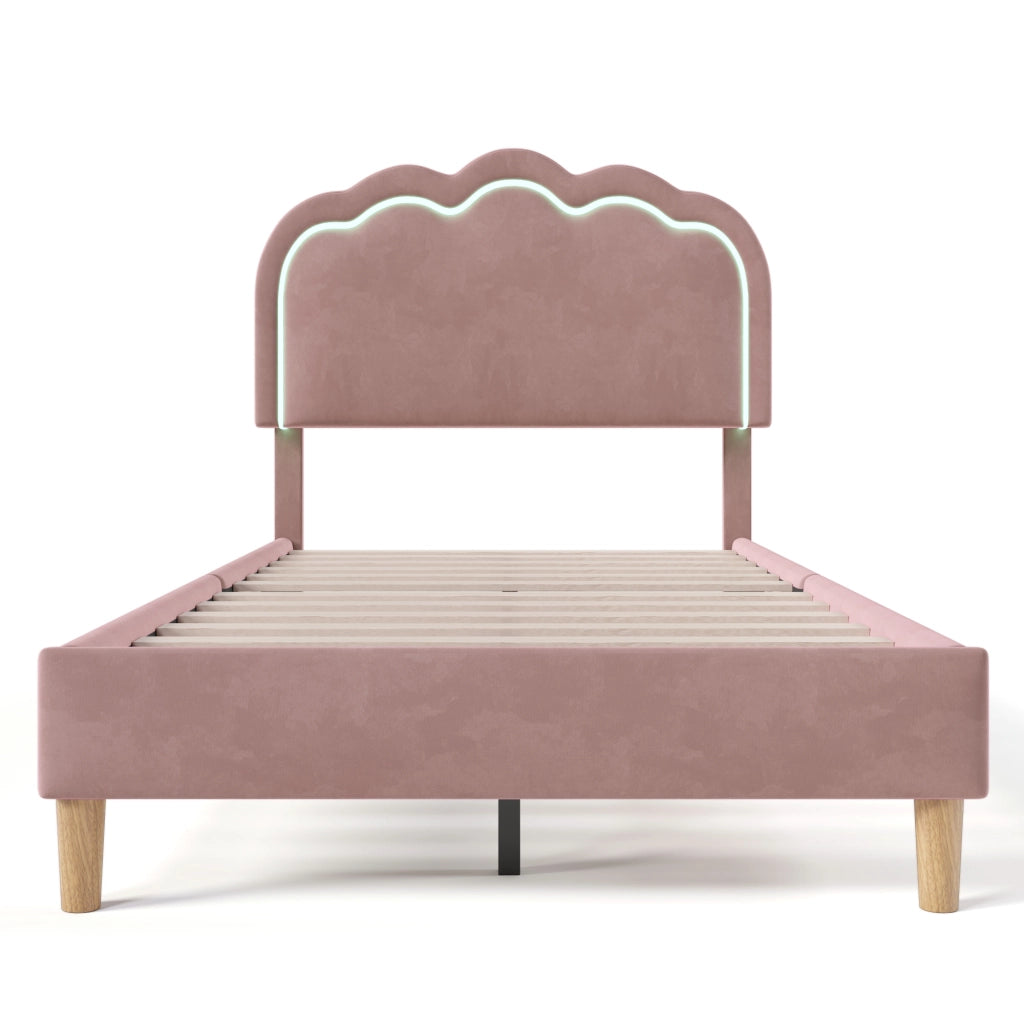 Letto Singolo 90 x 200 cm; Letto con Testiera Regolabile e LED; senza Materasso; in Velluto; Rosa