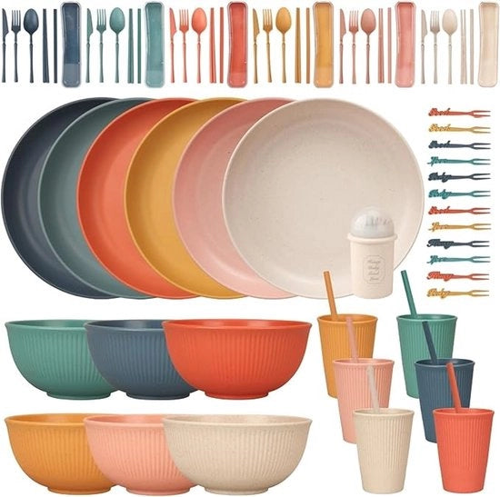 Set di Cucina Premium per 6 persone - 66 pezzi - Resistenti alle Cadute - Leggeri - Colorati - Tabelloni da Campeggio - Piatti - Bicchieri - Set di Cucina - Forchette - Set di Cucina per Bambini
