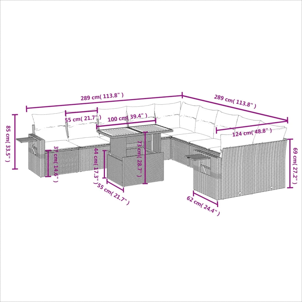 Set Divani da Giardino 11 pz con Cuscini in Polyrattan Grigio