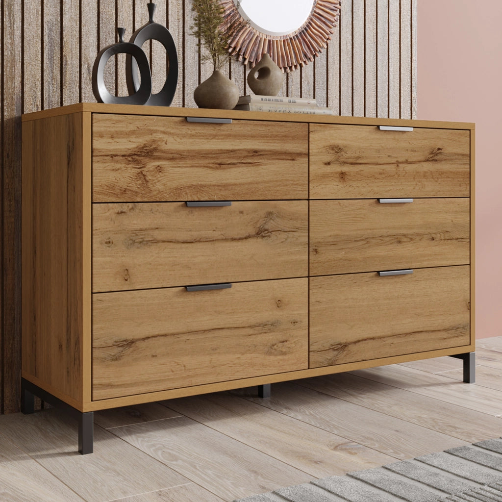 Cassettiera con 6 cassetti 120 x 40 x 76 cm, effetto rovere scuro, struttura in truciolare e metallo