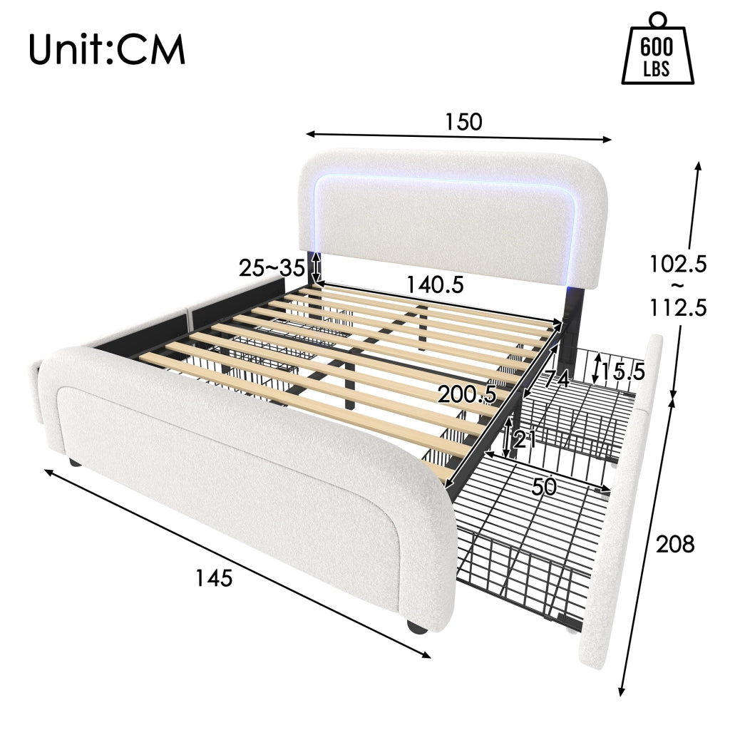 OKWISH Letto con Cassetti 140×200 cm, Letto Matrimoniale con 4 Cassetti, USB, Type-C, LED e Testiera Regolabile, con Materasso